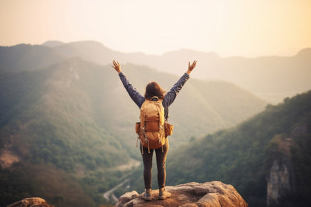 210841714-cheering-young-woman-hiker-open-arms-at-sunrise-mountain-peak-cliff