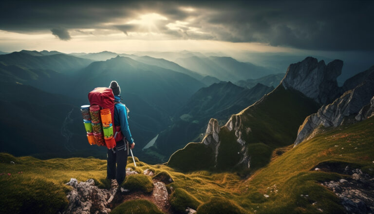 One person standing on cliff, achieving success generated by artificial intelligence